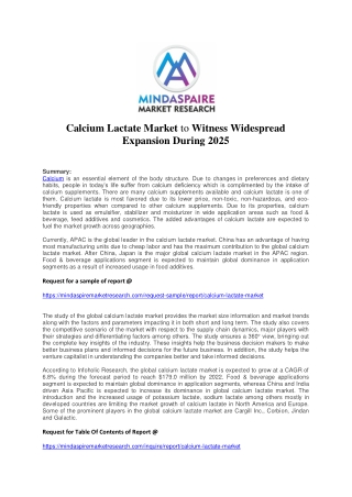 Calcium Lactate Market to Witness Widespread Expansion During 2025