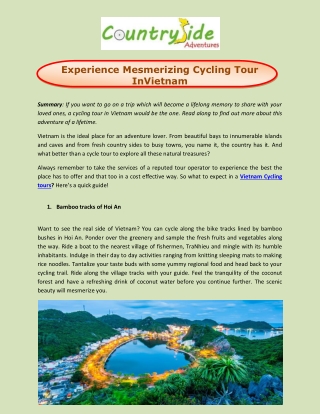 Experience Mesmerizing Cycling Tour InVietnam