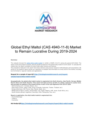 Global Ethyl Maltol (CAS 4940-11-8) Market to Remain Lucrative During 2019-2024