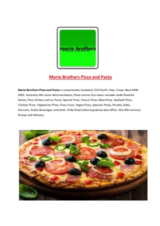 25% Off -Mario Brothers Pizza and Pasta-Crows Nest - Order Food Online