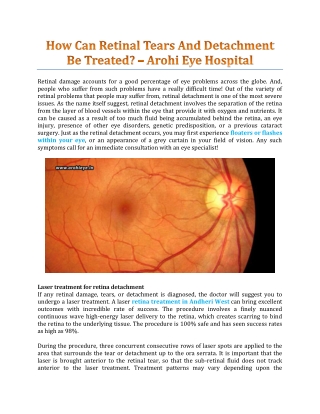 How Can Retinal Tears And Detachment Be Treated? - Arohi Eye Hospital