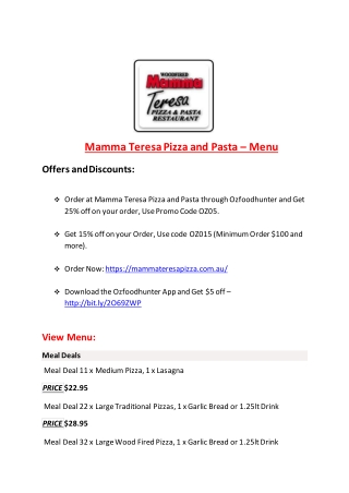 25% Off -Mamma Teresa Pizza and Pasta-Newport - Order Food Online