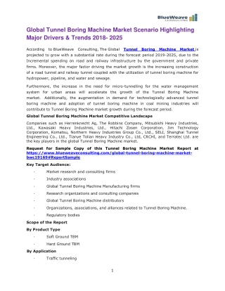 Global Tunnel Boring Machine Market Scenario Highlighting Major Drivers & Trends 2018- 2025