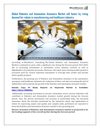 Global Robotics and Automation Actuators Market Expected to Achieve a Sustainable Growth Over 2025
