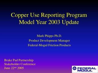 Copper Use Reporting Program Model Year 2003 Update