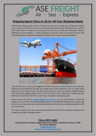 Shipping agent china to uk for all your shipping needs