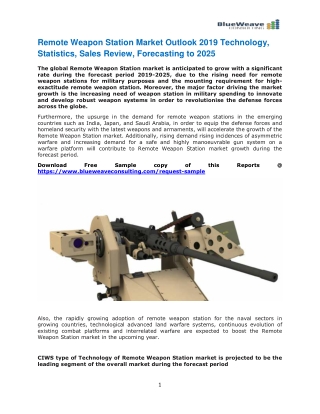 Remote Weapon Station Market Analysis 2019 : Size, Share, Growth, Analysis And Demand Forecast Till 2025