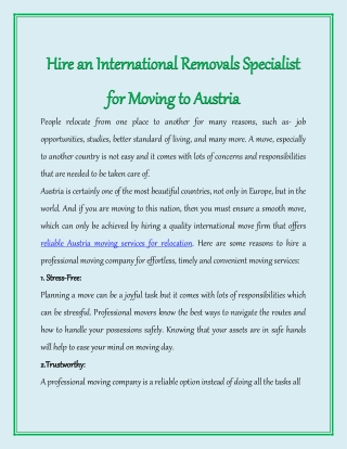 Hire an International Removals Specialist for Moving to Austria