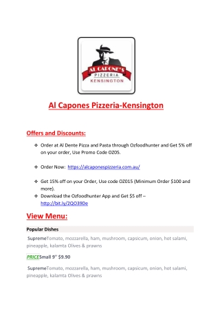 25% Off -Al Capones Pizzeria-Kensington-Kensington - Order Food Online