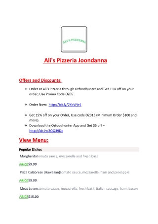 25% Off -Ali's Pizzeria-Joondanna - Order Food Online