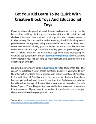 Let Your Kid Learn To Be Quick With Creative Block Toys And Educational Toys
