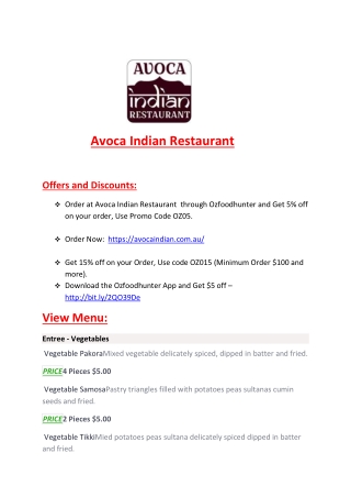 Avoca Indian Restaurant- Order Indian food online.