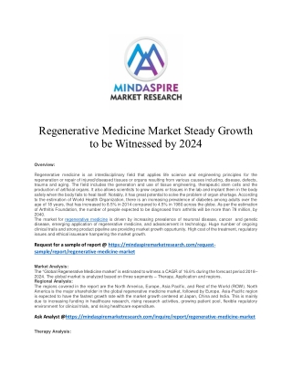 Regenerative Medicine Market Steady Growth to be Witnessed by 2024