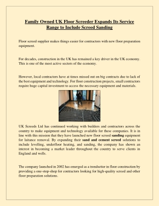 Family Owned UK Floor Screeder Expands Its Service Range to Include Screed Sanding