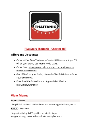 15% Off - Five Stars Thaitanic - Chester Hill-Chester Hill - Order Food Online