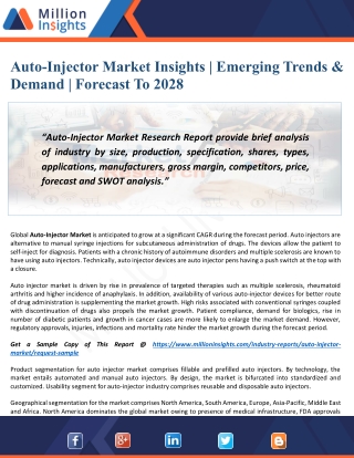 Auto-Injector Market Future Insights | Demand, Size & Applications | Forecast To 2028