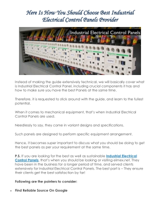 Here Is How You Should Choose Best Industrial Electrical Control Panels Provider