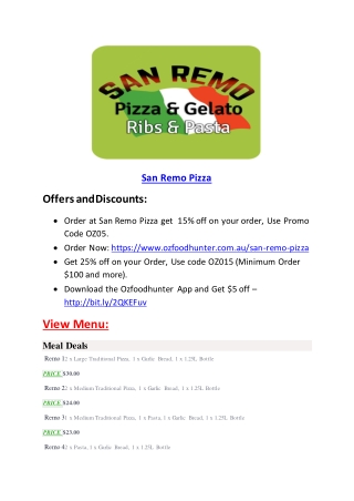 25% Off -San Remo Pizza-Enmore - Order Food Online