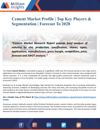 Cement Market Future | Significant Trends & Status | Forecast To 2028