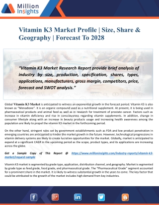 Vitamin K3 Market Share By Top Trends & Key Futuristic | Forecast To 2028