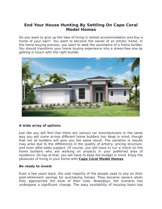 End Your House Hunting By Settling On Cape Coral Model Homes