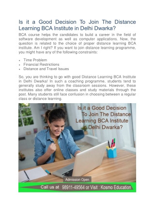 Is it a Good Decision To Join The Distance Learning BCA Institute in Delhi Dwarka?