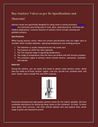 Buy Sanitary Valves as per Its Specifications and Materials!