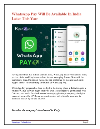 WhatsApp Pay Will Be Available In India Later This Year