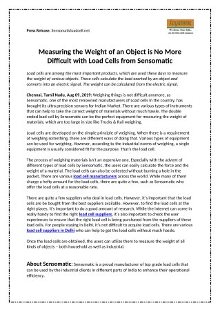 Measuring the Weight of an Object is No More Difficult with Load Cells from Sensomatic