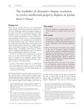 Bashar H. Malkawi, The feasibility of alternative dispute resolution to resolve intellectual property disputes in Jordan