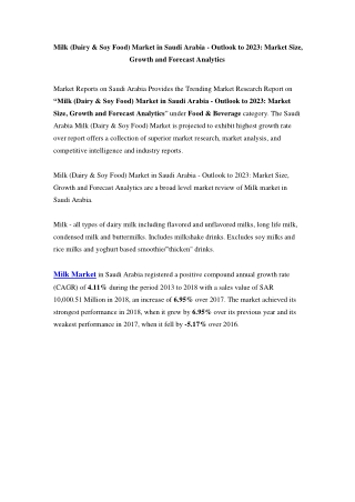 Milk (Dairy & Soy Food) Market in Saudi Arabia - Outlook to 2023