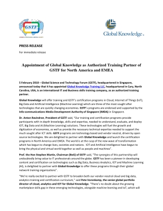 Appointment of Global Knowledgeas Authorized Training Partner of GSTF for North America and EMEA