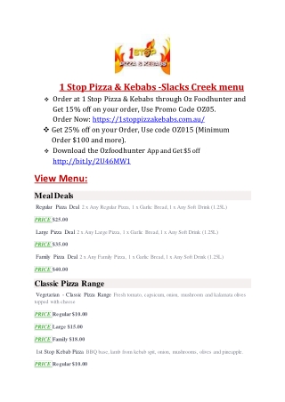 10% off | 1 Stop Pizza & Kebabs - Pizza restaurant Slacks Creek Logan, QLD.