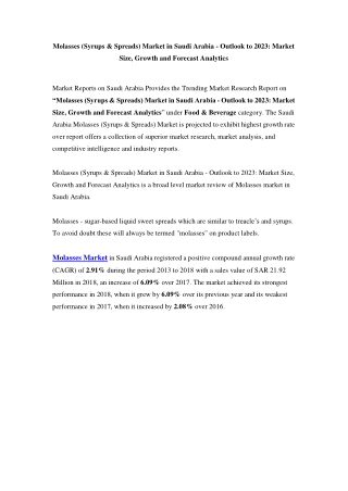 Molasses (Syrups & Spreads) Market in Saudi Arabia - Outlook to 2023