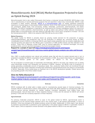 Monochloroacetic Acid (MCAA) Market Expansion Projected to Gain an Uptick During 2024