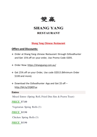 Shang Yang Chinese Restaurant Menu – 10% OFF