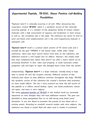 Experimental peptide, tb 500, shows positive cell-building possibilities