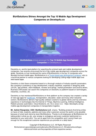 Biz4Solutions Shines Amongst the Top 10 Mobile App Development Companies on Develop4u.co