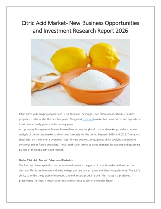 Citric Acid Market Global Industry Analysis and Forecast Till 2026