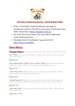 Taj Palace Indian Restaurant North Hobart, TAS– 10% off- food delivery Hobart.