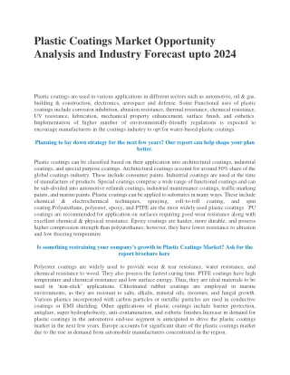 Plastic Coatings Market : Opportunity Analysis and Industry Forecast upto 2024