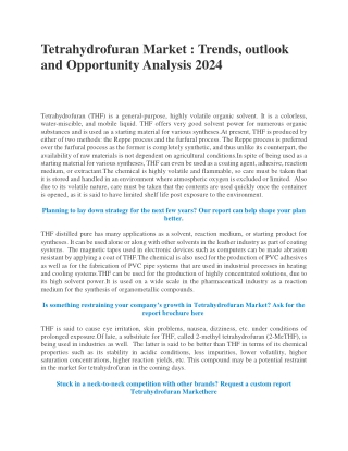 Tetrahydrofuran Market : Trends, outlook and Opportunity Analysis 2024