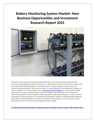 Battery Monitoring System Market Globally Expected to Drive Growth through 2025