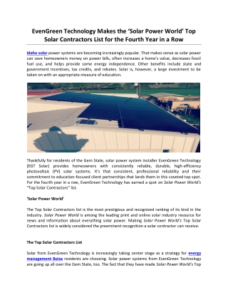 EvenGreen Technology Makes the ‘Solar Power World’ Top Solar Contractors List for the Fourth Year in a Row