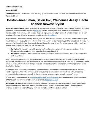 Boston-Area Salon, Salon Invi, Welcomes Jessy Elachi as their Newest Stylist