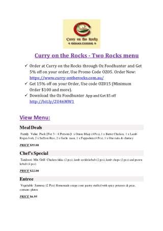 Curry on the Rocks – 5% off - Indian Restaurant Two Rocks, Perth WA.