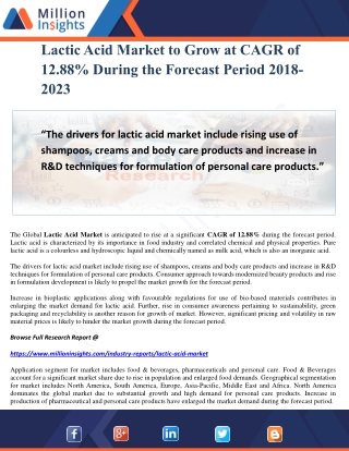 Lactic Acid Market to Grow at CAGR of 12.88% During the Forecast Period 2018-2023