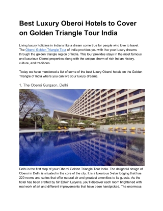 Best Luxury Oberoi Hotels to Cover on Golden Triangle Tour India