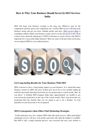 Here Is Why Your Business Should Invest In SEO Services India