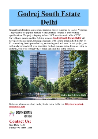 Contact 8888672888|Godrej South Estate Delhi